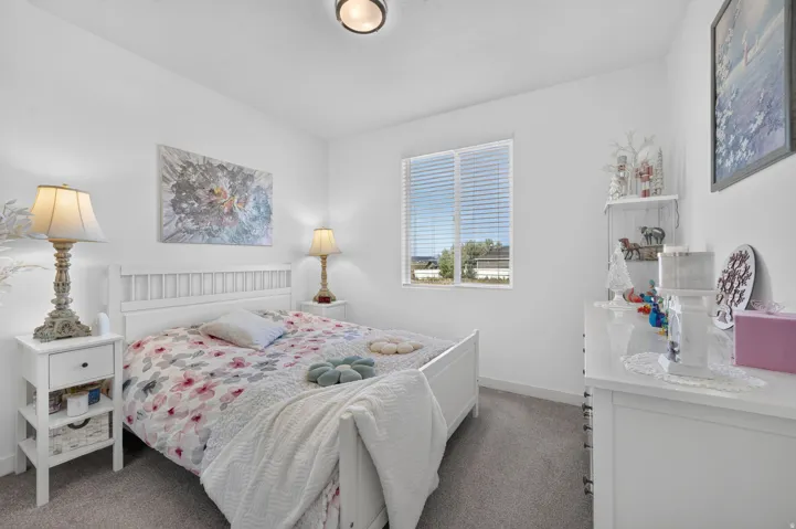 Carpeted bedroom featuring a window with blinds, white walls, and a ceiling-mounted light fixture