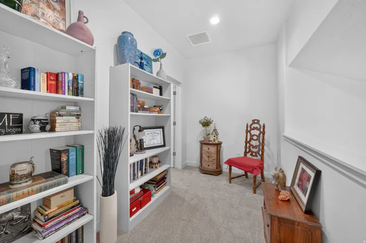 Recessed lighting illuminates a carpeted hallway featuring two built-in shelving units, white painted walls, and a white interior door