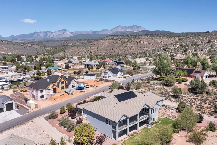 Aerial perspective of suburban area featuring mountains