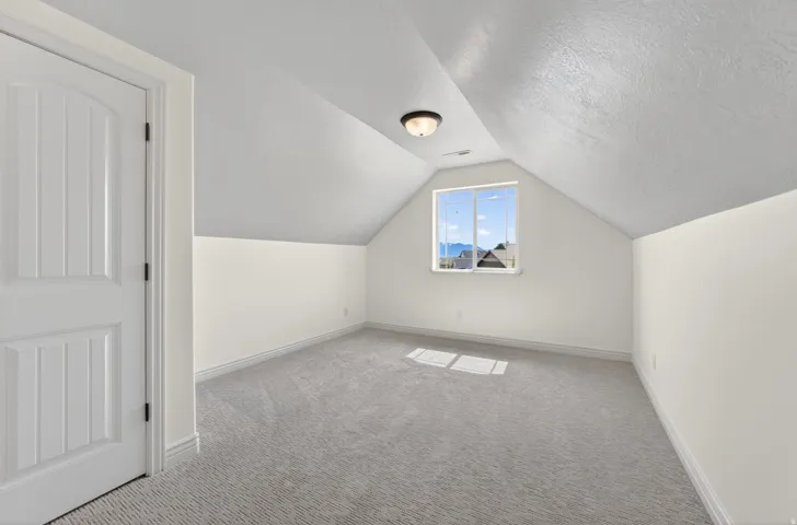 Carpeted room with a vaulted ceiling, a single window, and a paneled door