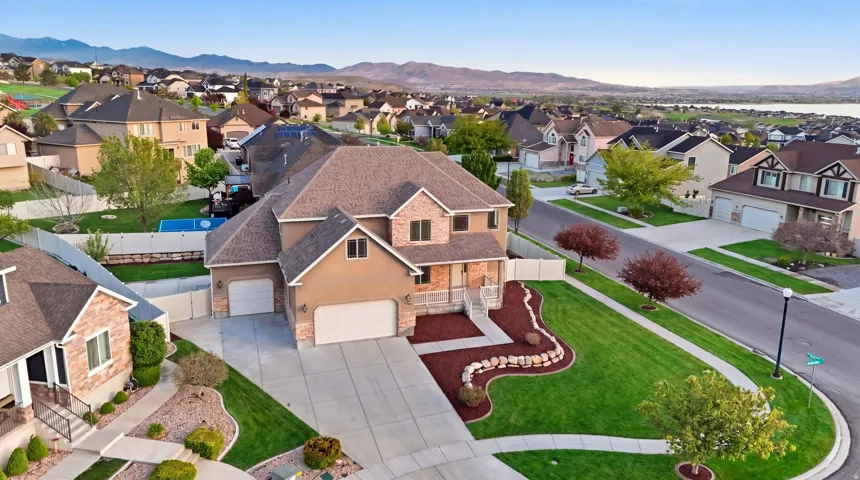 Aerial view of residential area with mountains