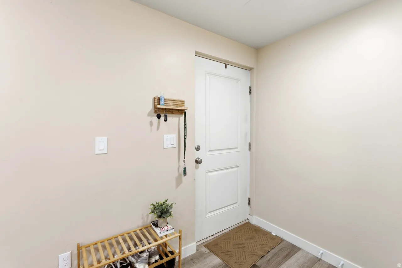 Entryway with baseboards and wood finished floors