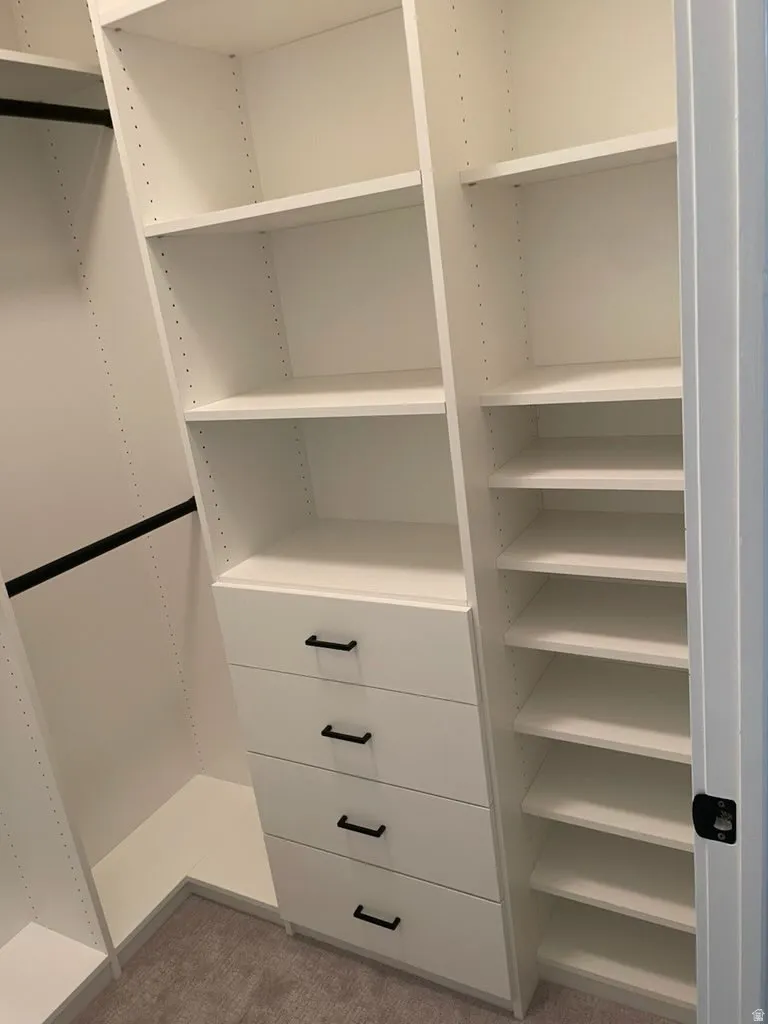 Walk in closet featuring light colored carpet