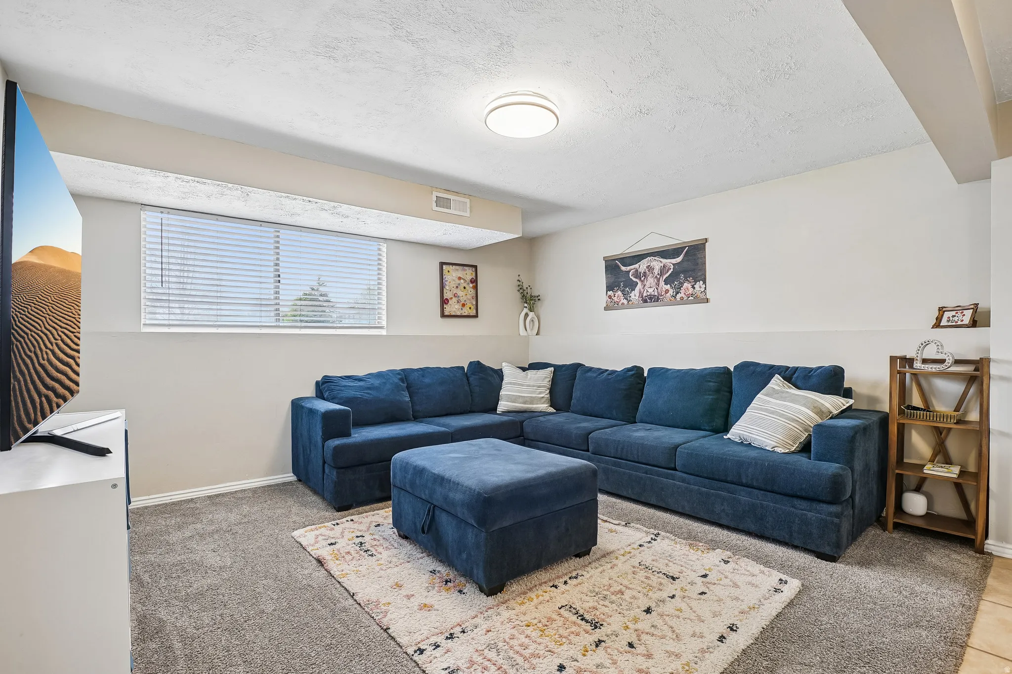 Living room featuring light colored carpet and a textured ceiling