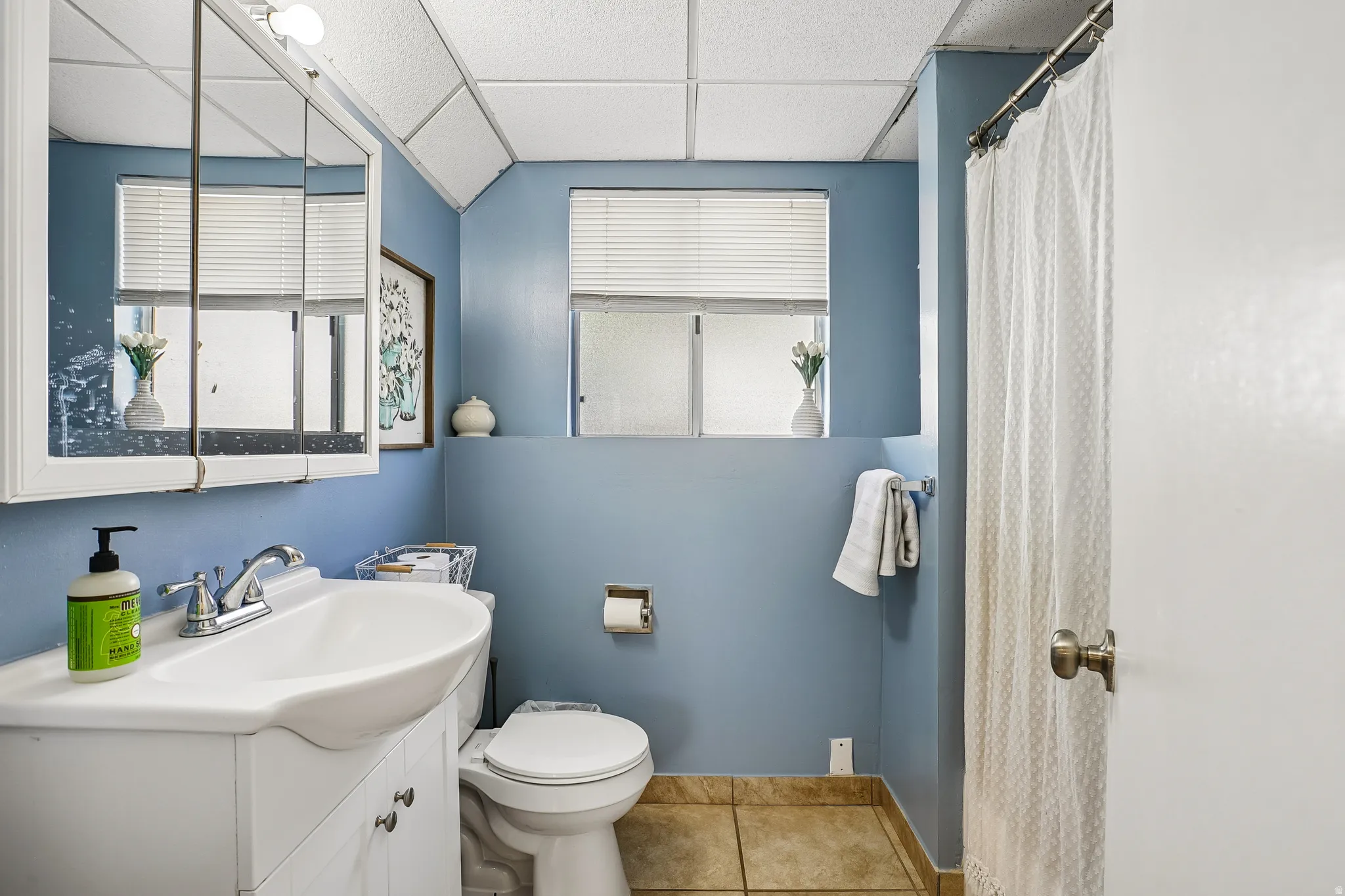 Full bath with a drop ceiling, vanity, a shower with curtain, plenty of natural light, and tile patterned floors