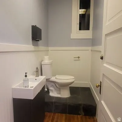 Bathroom featuring vanity, a wainscoted wall, and dark wood-style flooring