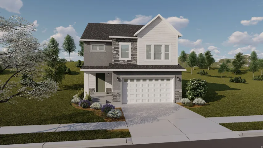 Traditional-style house with stone siding, a front yard, concrete driveway, an attached garage, and a shingled roof