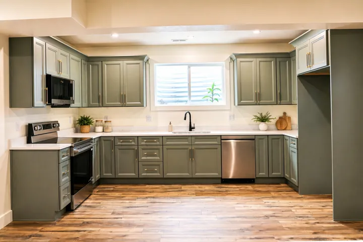 Kitchen with stainless steel appliances, light wood-style flooring, recessed lighting, and light stone counters