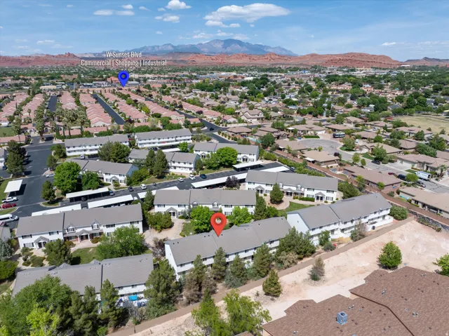 Aerial overview of property's location with mountains