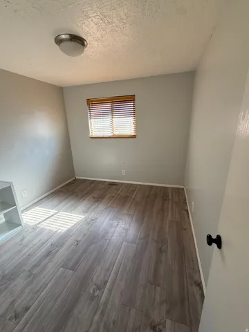 Spare room with a textured ceiling and wood finished floors