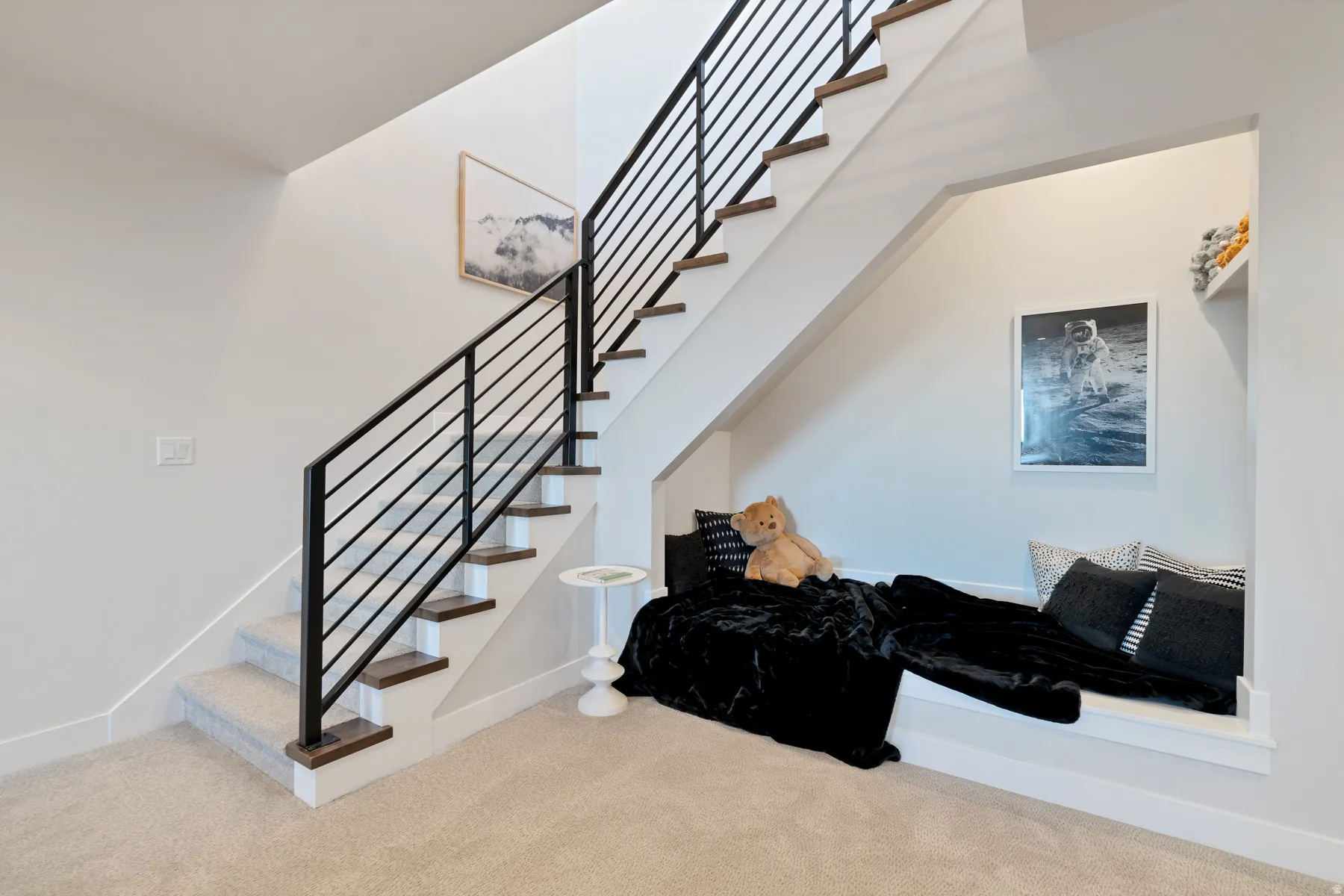Stairway featuring carpet flooring and baseboards