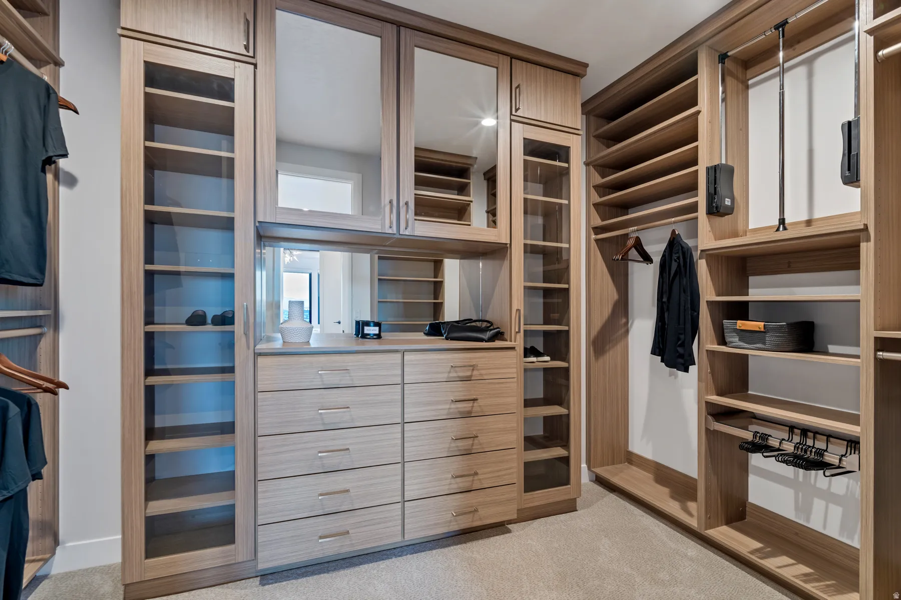 Walk in closet with light colored carpet