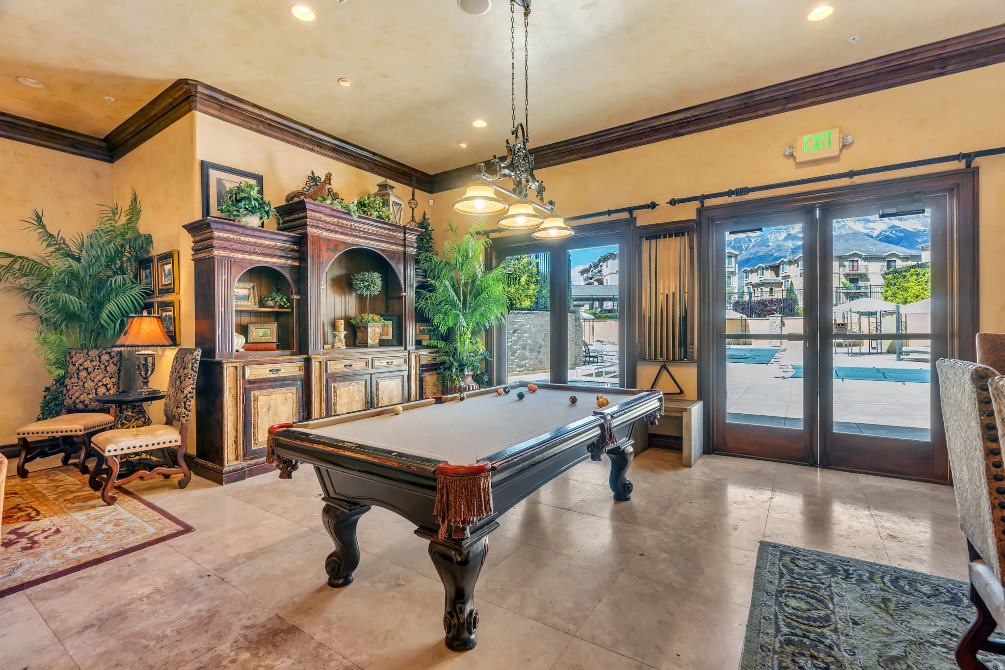 Game room featuring ornamental molding, billiards, and recessed lighting