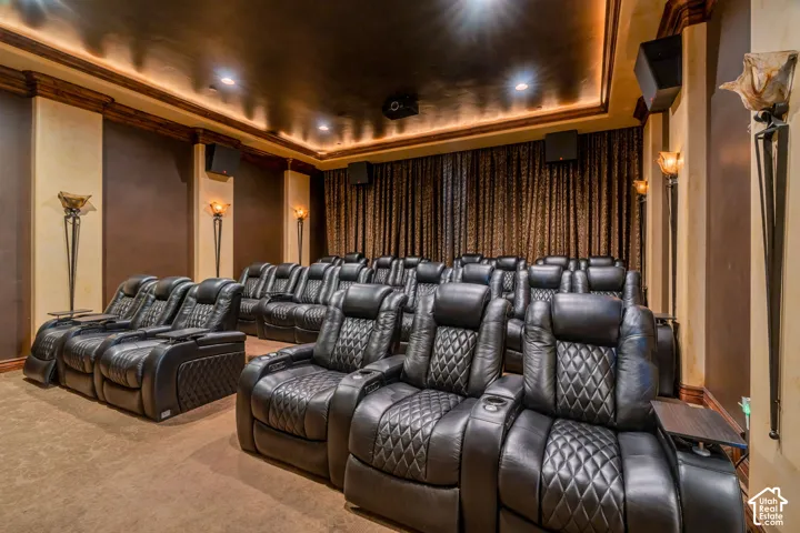 Carpeted home theater with a tray ceiling, crown molding, and recessed lighting