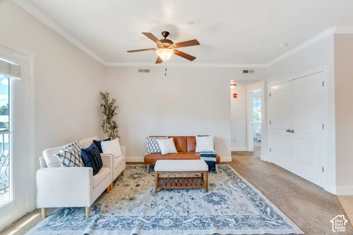Sitting room featuring carpet, ceiling fan, and crown molding
