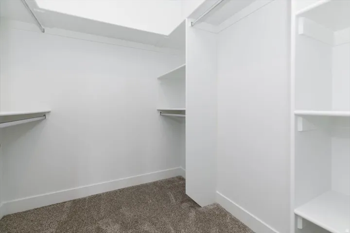 Walk in closet with dark colored carpet