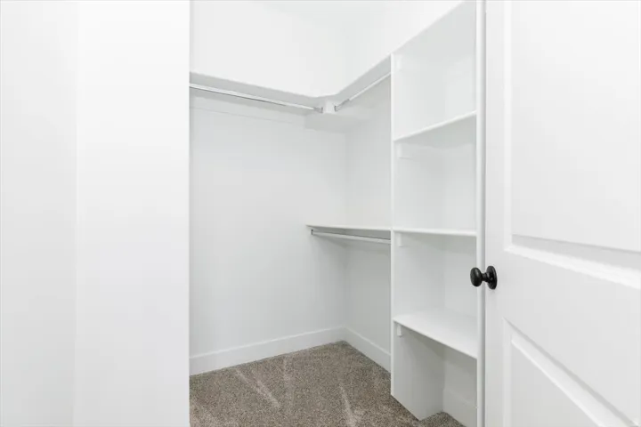 Walk in closet featuring light colored carpet