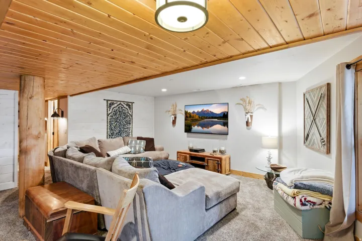 Carpeted living room featuring wood ceiling, wood walls, and recessed lighting