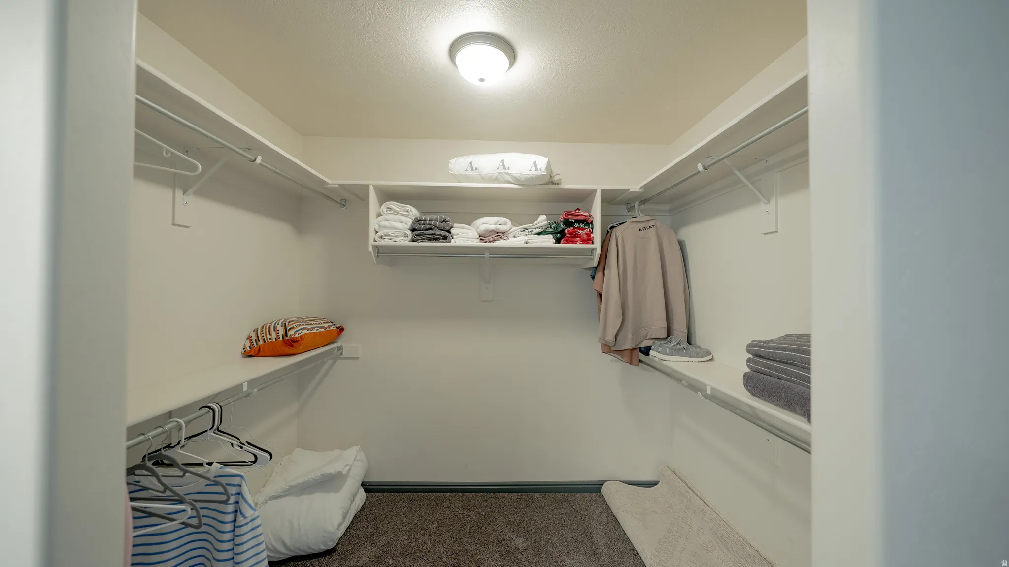 Walk in closet with dark carpet