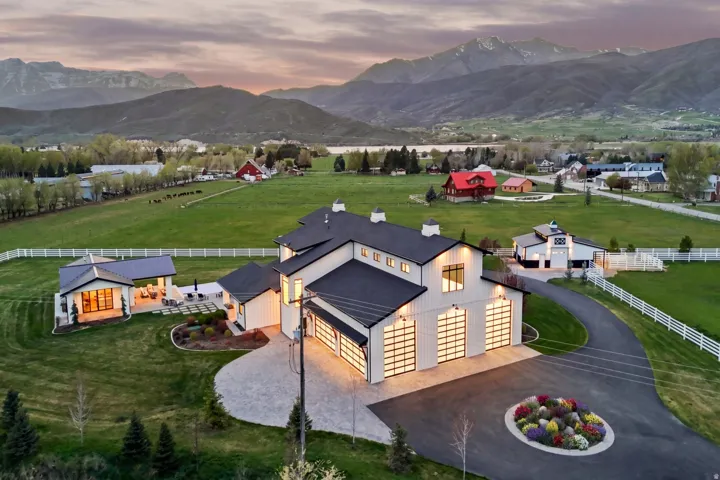 Aerial view at dusk of a mountain view and a rural view