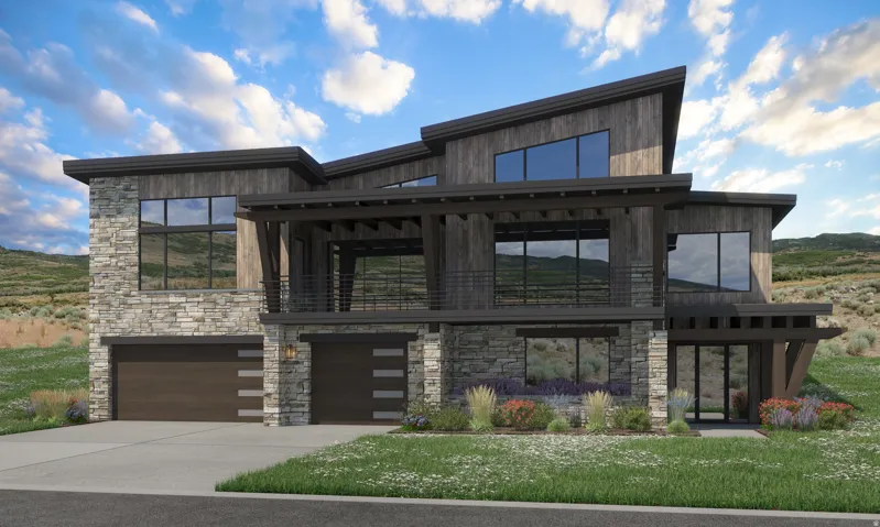 Contemporary home featuring an attached garage, a balcony, driveway, and a front yard