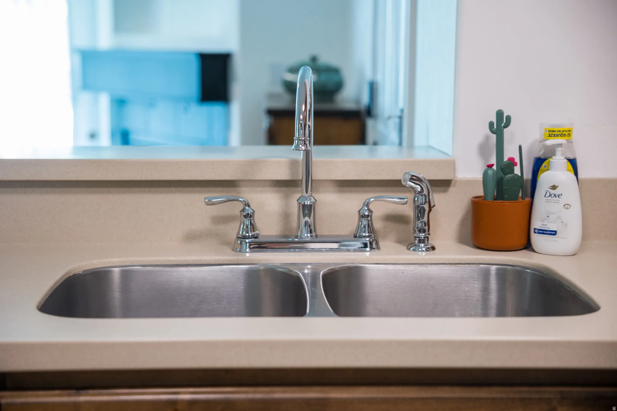 Kitchen view of light countertops