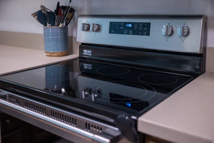 Kitchen view of stainless steel electric range