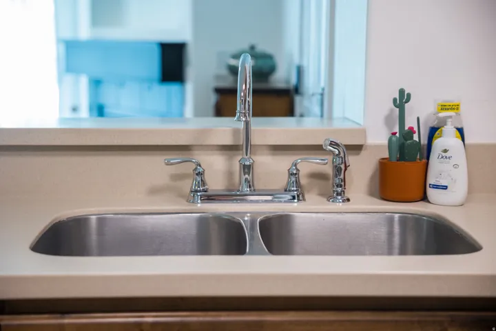 Kitchen view of light countertops