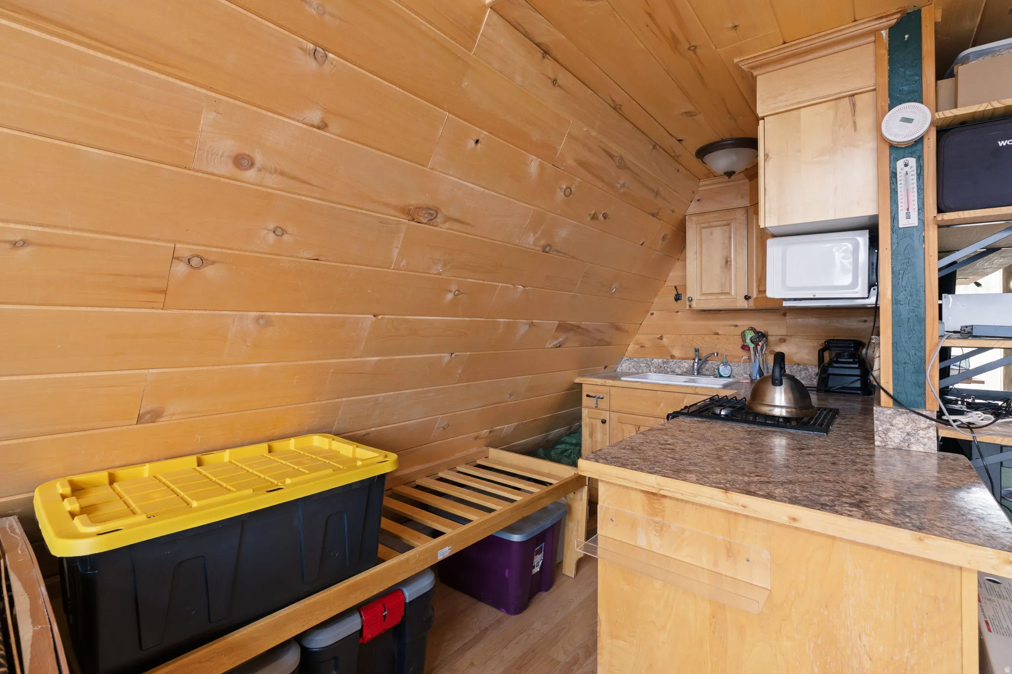 Kitchen with propane stove/oven, electric mini fridge, double sink and microwave
