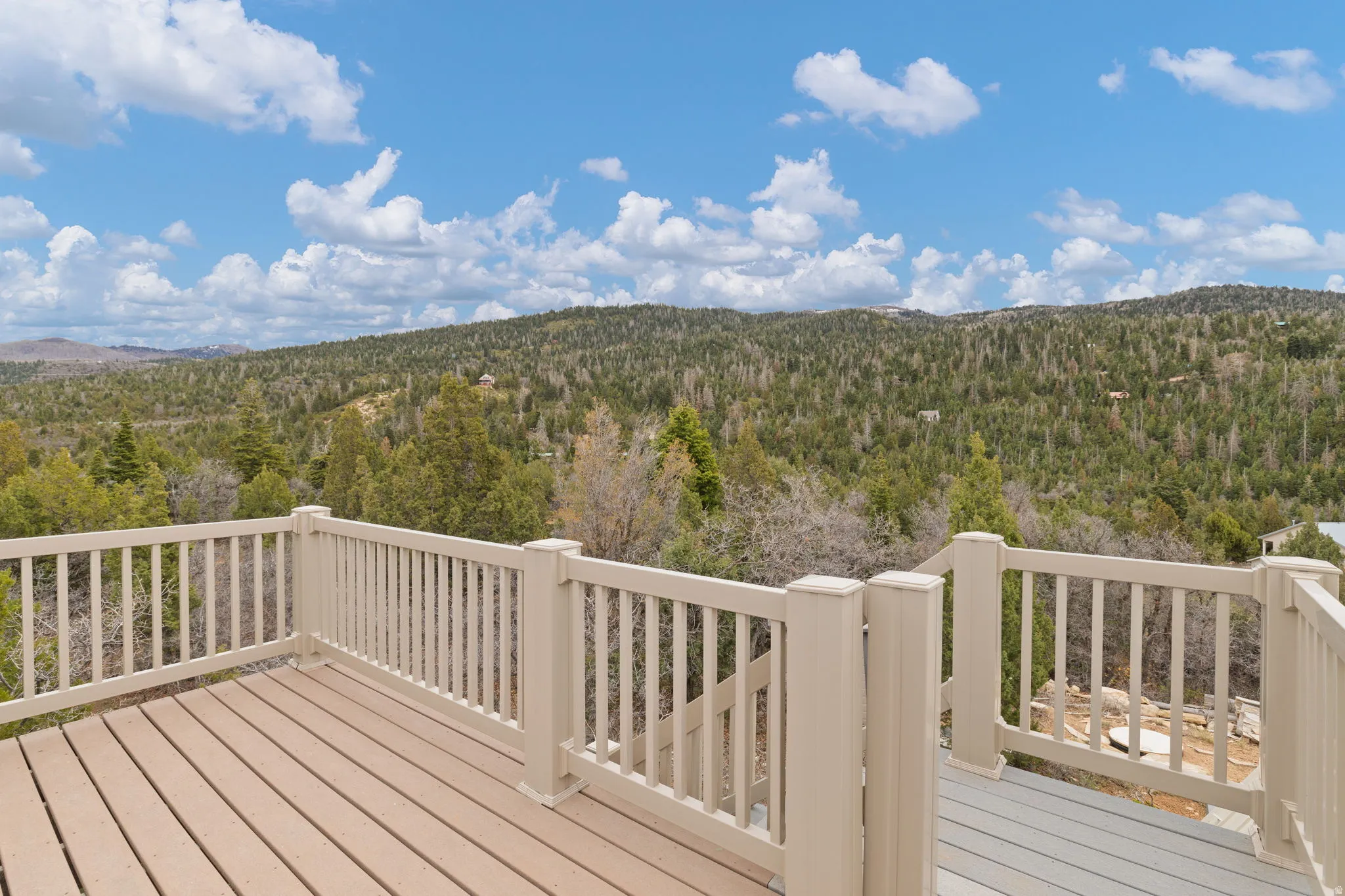 Wooden terrace featuring a wooded view and a mountain view