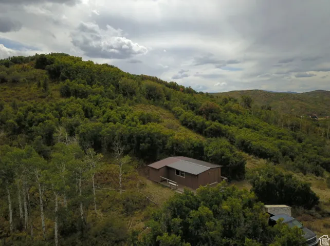 View from above of property with a forest and a mountain backdrop