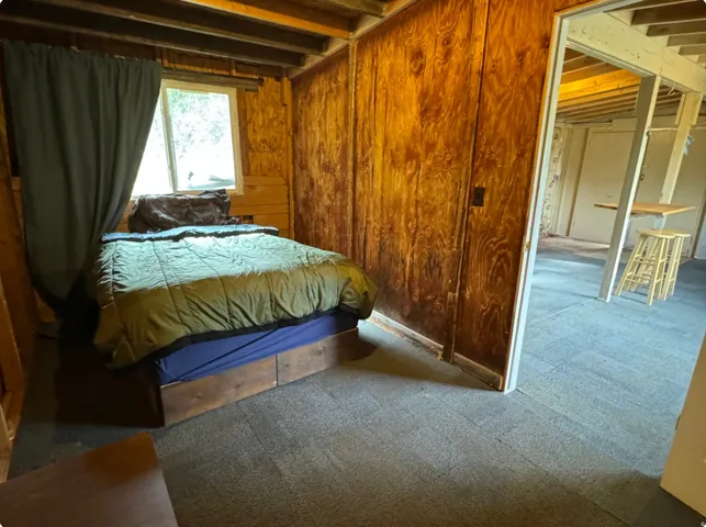 Carpeted bedroom with wooden walls