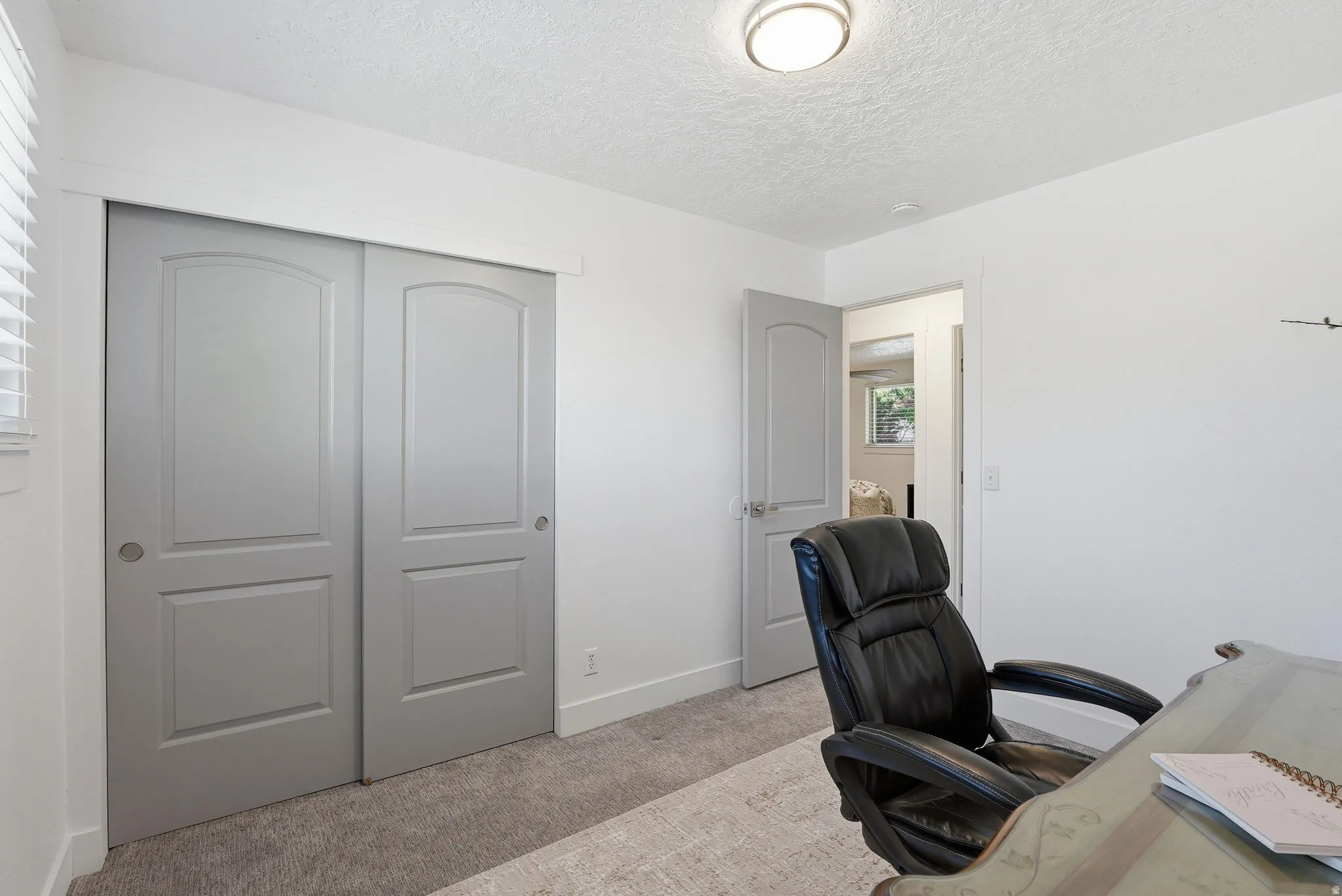 Office space with light colored carpet and a textured ceiling