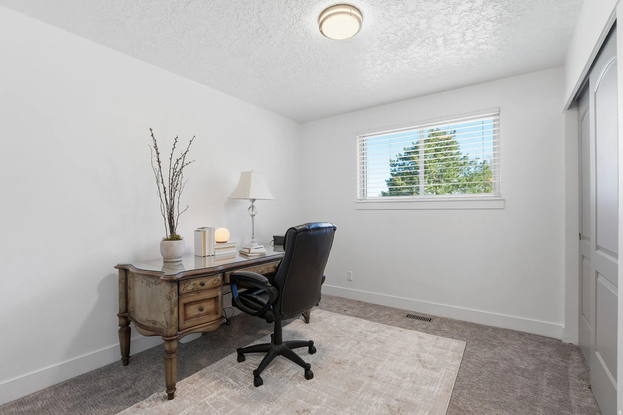Carpeted home office featuring baseboards and a textured ceiling