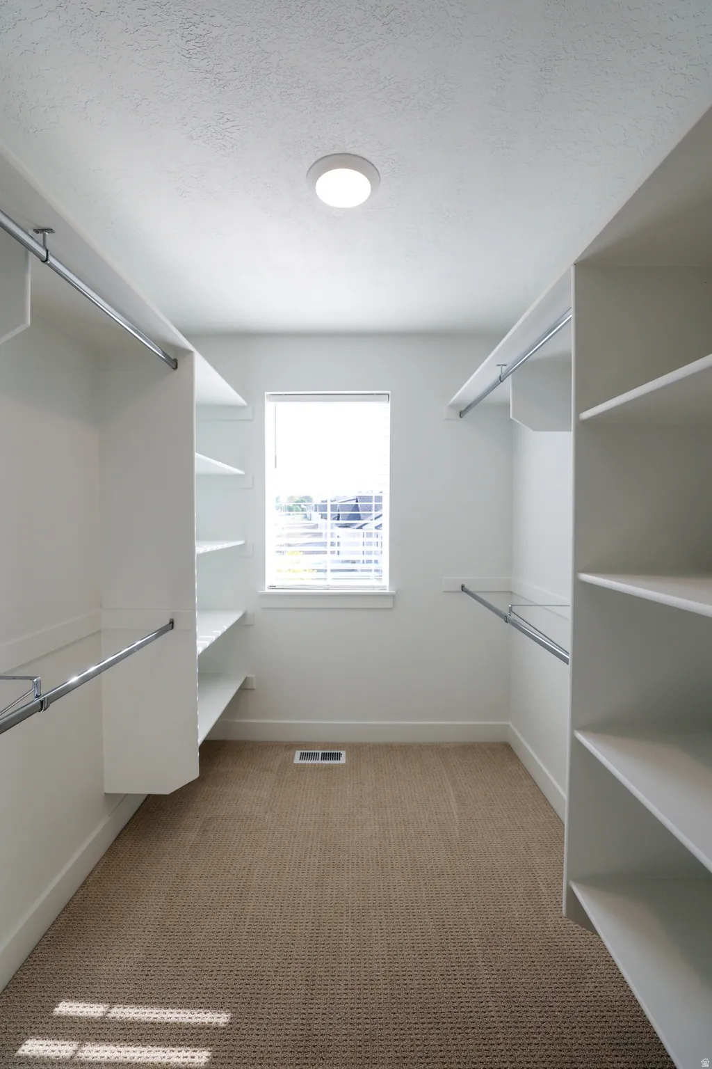 Walk in closet with light carpet