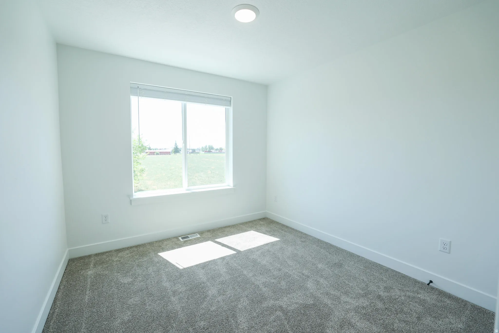 Carpeted room featuring a large window with blinds, recessed ceiling light, and white walls