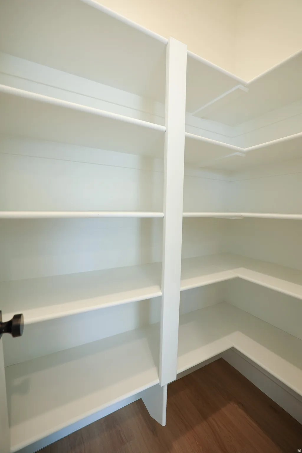 Corner pantry featuring extensive white shelving and wood-finish flooring