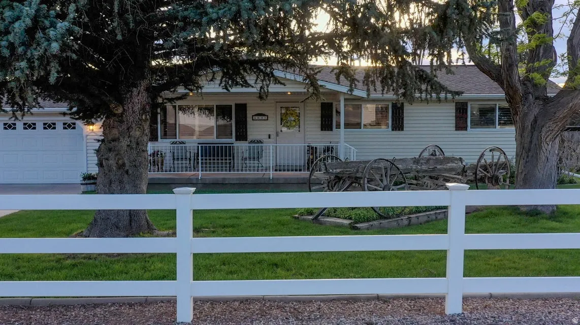 Ranch-style house featuring a fenced front yard and a porch