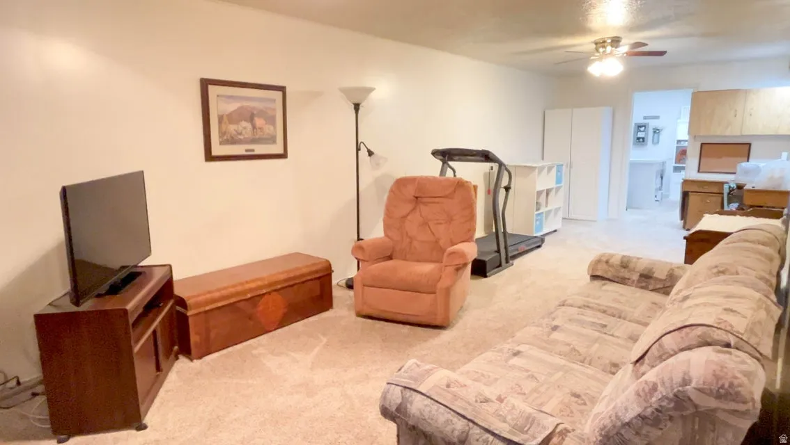 Living area with carpet and ceiling fan