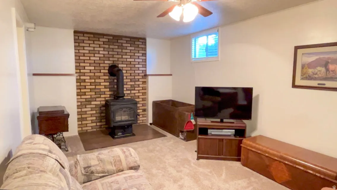 Carpeted living area featuring a wood stove