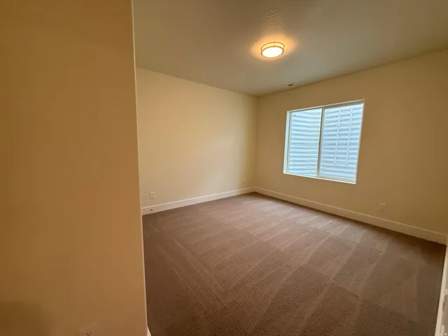 Recessed window with horizontal blinds, flush mount ceiling light fixture, and neutral carpeting