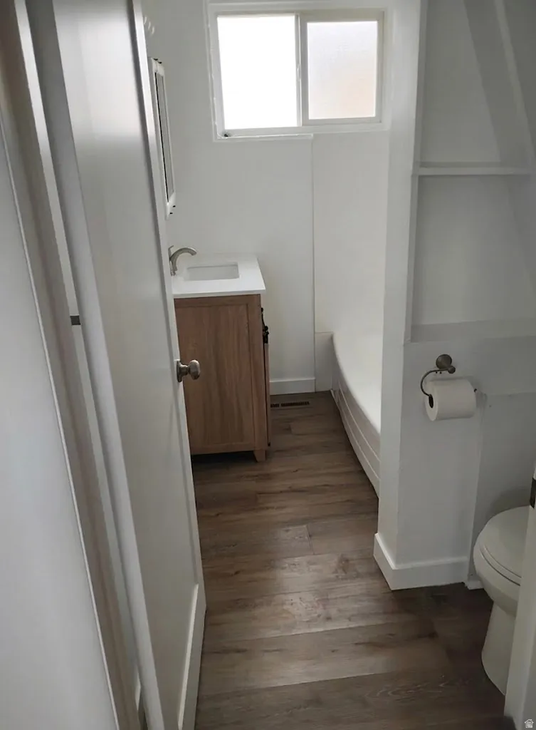 Full bath with vanity, dark wood-type flooring, and a tub