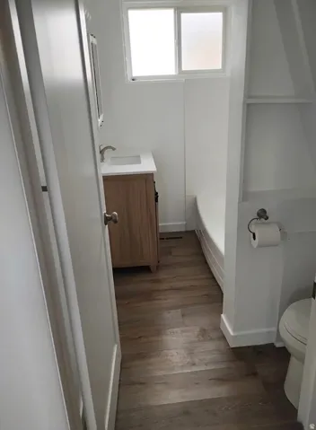 Full bath with vanity, dark wood-type flooring, and a tub