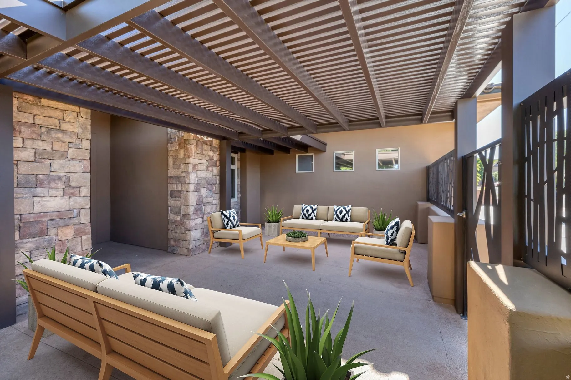 View of patio featuring outdoor lounge area and a pergola