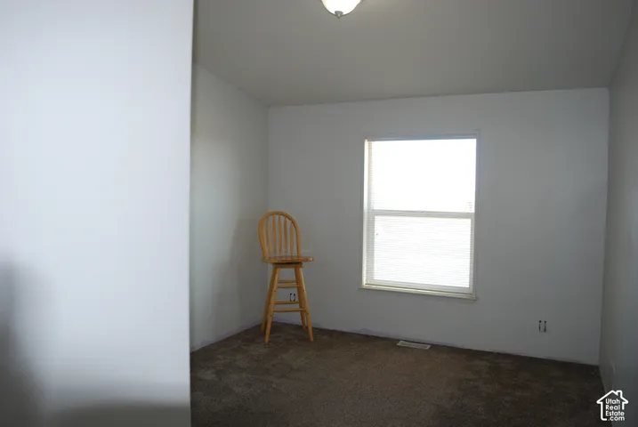Carpeted room featuring white walls, a single window with horizontal blinds, and a ceiling-mounted light fixture