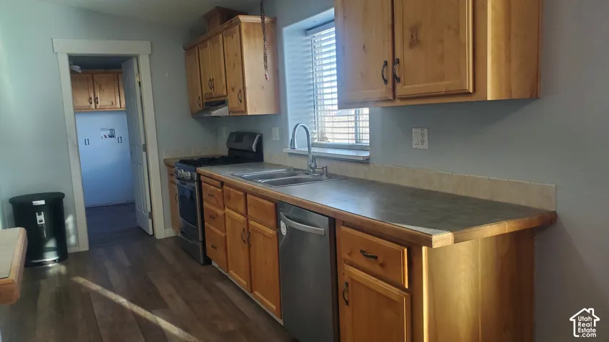 Wood-finish flooring, wood cabinetry with dark hardware, stainless steel dishwasher, stainless steel gas range, and a dual basin sink