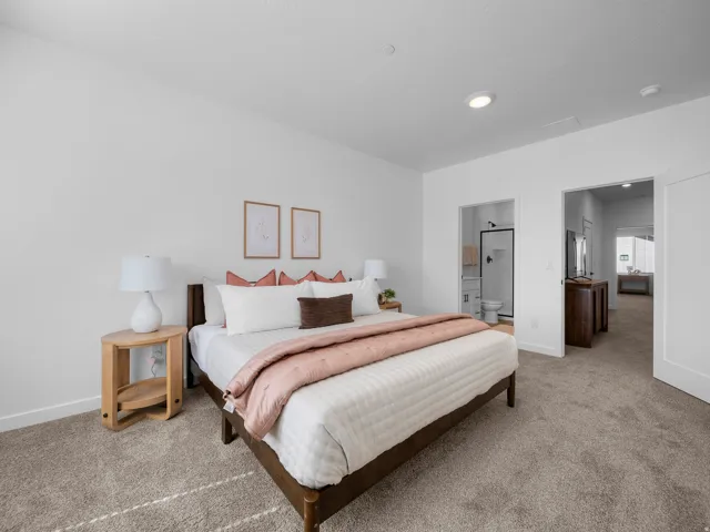 Plush carpeting, recessed lighting, and a private en-suite bathroom with a glass-enclosed shower