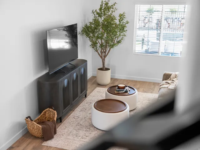 Light wood-finish flooring, white walls, and a large window with blinds