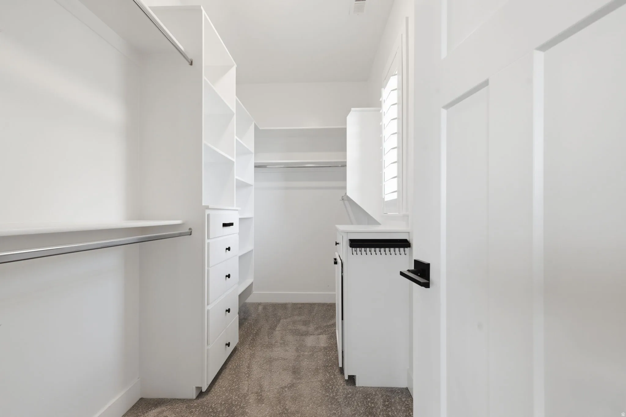 Walk in closet with dark carpet