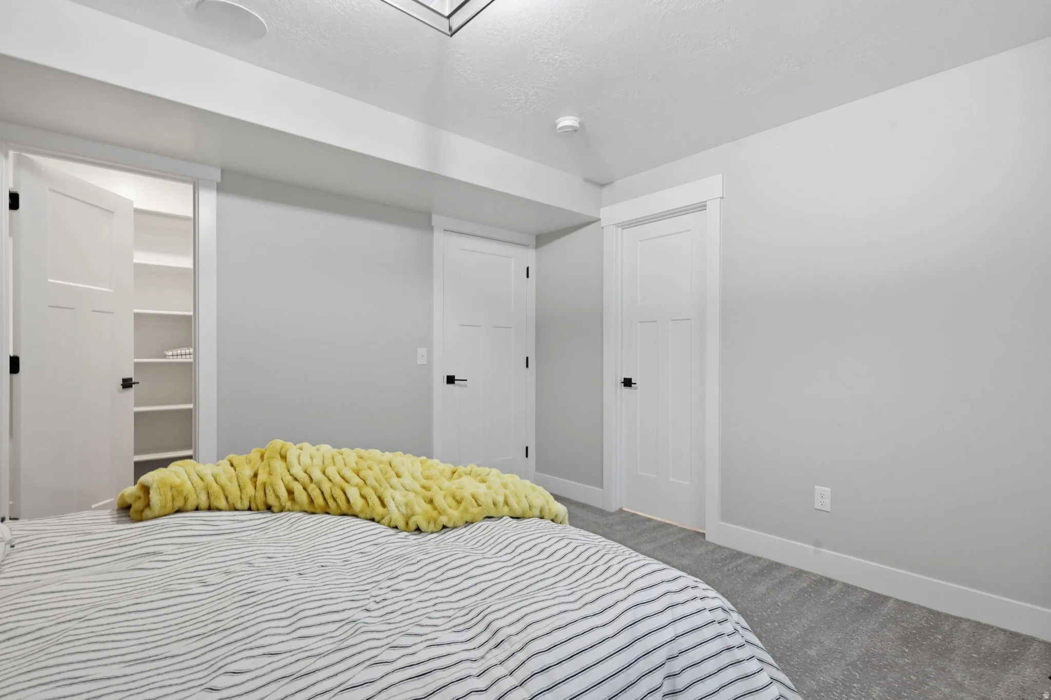 Bedroom featuring a walk in closet and light colored carpet